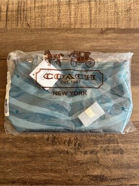 NWT Coach Getaway Zebra Print Mini Cosmetic Pouch Mineral Blue F77536